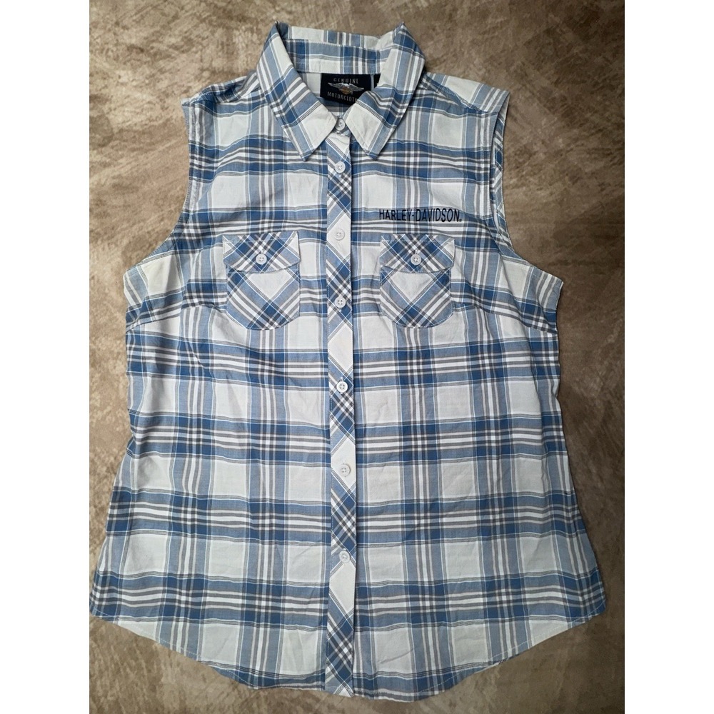 Women's Small Harley Davidson Sleeveless Button Up Blue Plaid Shirt Biker